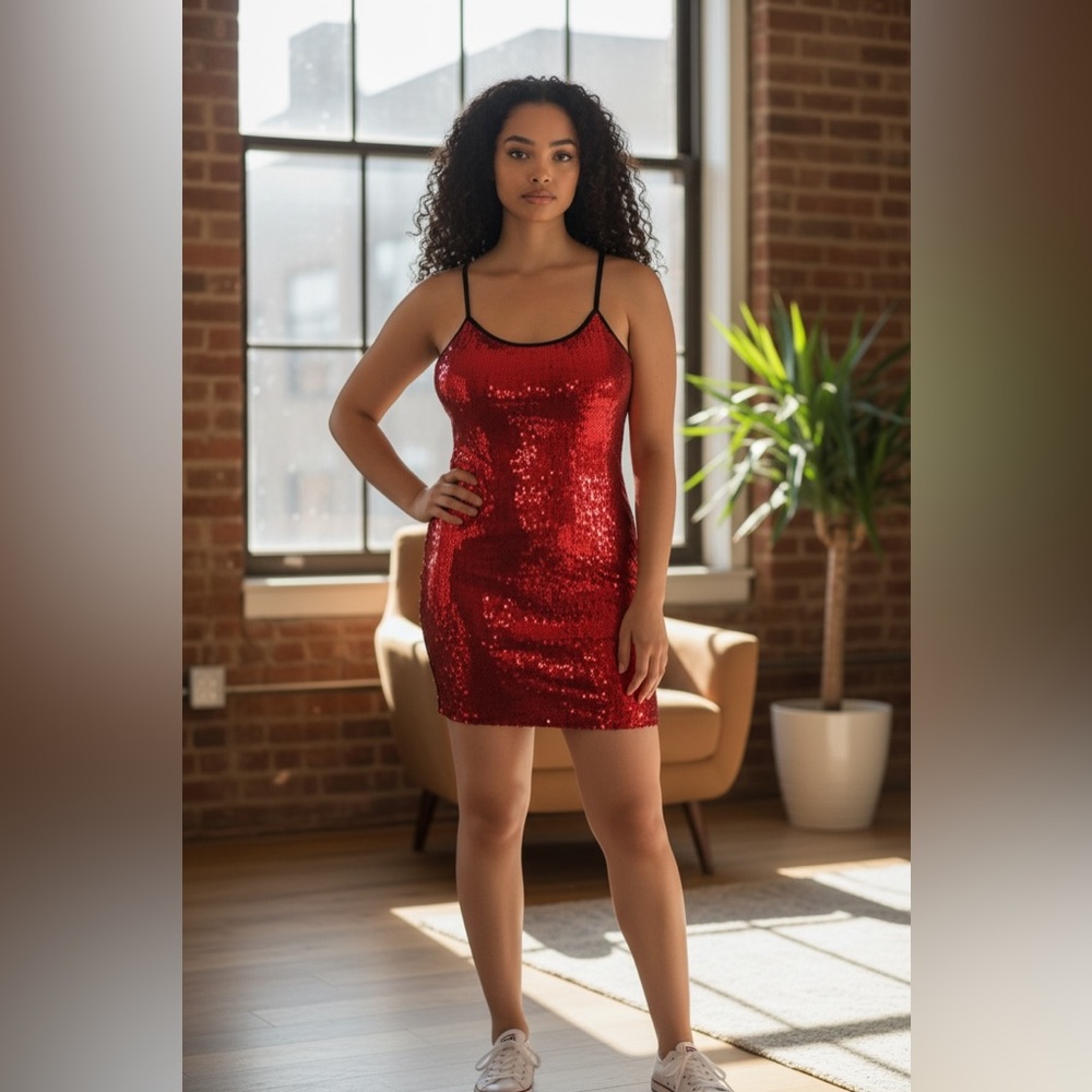 Scarlet Red Sequins Club Party Dress S/M stretchy